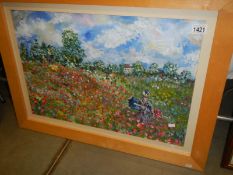 An impressionist oil painting in the style of Claude Monet of a lady walking through a flower field,