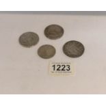 4 British silver coins - 1844 Victorian crown,