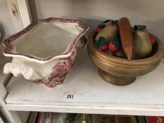 A Masons vista tureen (missing lid) and a bowl of wooden fruit