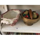 A Masons vista tureen (missing lid) and a bowl of wooden fruit