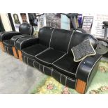 A deco/vintage 3 seater leather settee and chair
