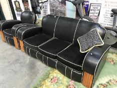 A deco/vintage 3 seater leather settee and chair