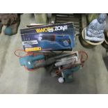 A selection of power tools inc. planer, saw and ratchet straps, etc.