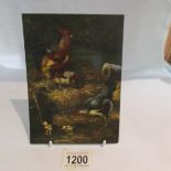 A superb quality painting on copper panel of a farmyard scene with hens signed E Hunt.