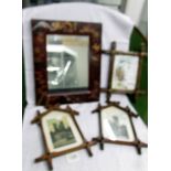 An oriental style mirror and 3 religious pictures.