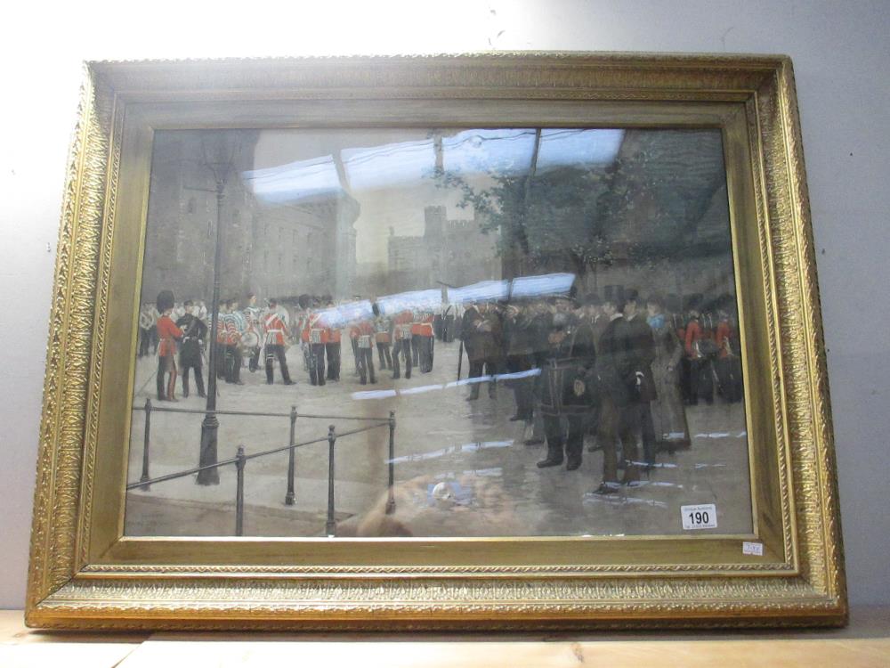 A framed and glazed color print of ''Morning Parade at the Tower of London'' by French painter and