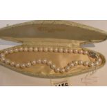 A cultured pearl necklace with large beads.