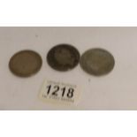 3 Nederland silver coins, 1929-30-32. Approximately 75 grams.