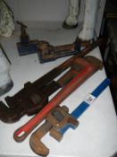 3 Record stilsons and Record miter clamp