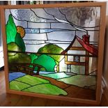 2 panel lead stained glass window in single frame depicting cottage & garden circa 1910,