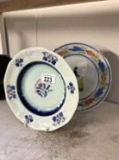 A mid 19th century quimper plate A/F with an Adams Calyx ware dish