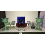 A good lot of old glass items including cranberry and a pair of lustres 1 a/f