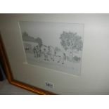 A Vincent Haddelsey (1934-2010) original pen and ink drawing of horses in a trainer's yard scene,
