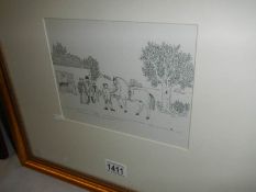 A Vincent Haddelsey (1934-2010) original pen and ink drawing of horses in a trainer's yard scene,