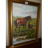 A Tom Bundell oil on board painting of mare/foal in water meadow.