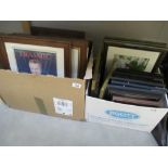 2 boxes of framed and glazed prints and photographs including repro vintage adverts, birds,