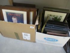 2 boxes of framed and glazed prints and photographs including repro vintage adverts, birds,