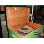 A pine painted tool box and contents