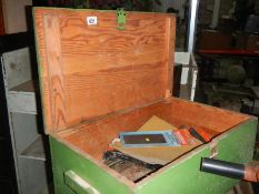 A pine painted tool box and contents