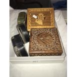 An inlaid box with dog head, 1 other, 3 stud boxes etc.