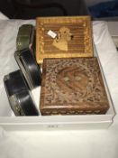 An inlaid box with dog head, 1 other, 3 stud boxes etc.