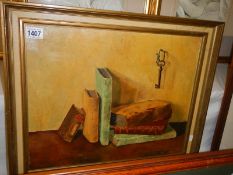 A Dutch still life oil on board study of books signed R Adriaange.