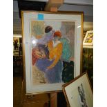 A framed and glazed mixed media painting of ladies.