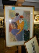 A framed and glazed mixed media painting of ladies.