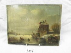 A Dutch oil on wood panel skating scene. ****Condition report**** Approximately 25.