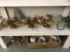 2 shelves of light fittings and glass shades s