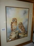 A Christopher Hughes (B.1955) signed watercolour painting of 2 owls.