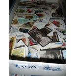 A shoe box of assorted cigarette cards including Wills, Churchman, Lambert & Butler,