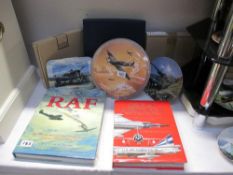 A boxed Royal Worcester Johhne Johnson plate and other RAF related plates and books