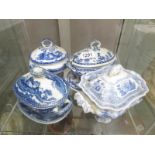 4 late Victorian/ early 20th century blue and white sauce tureens.