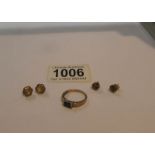 A 9ct gold ring set onyx, size N and 2 pairs of earrings (missing one back).