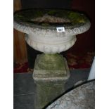 A stone urn planter on a raised stone pedestal