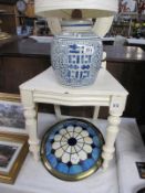 A Chinese blue and white ginger jar with lamp fitting and a Tiffany style ceiling light