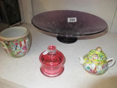 An art glass bowl, cranberry glass lidded pot,