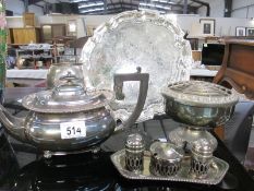 A quantity of silver plated items including teapot, cruet set etc.