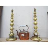 2 candlestick style lamps and a copper kettle with china handle