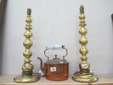 2 candlestick style lamps and a copper kettle with china handle