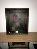 An oak framed oil on board painting titled 'The Jester'