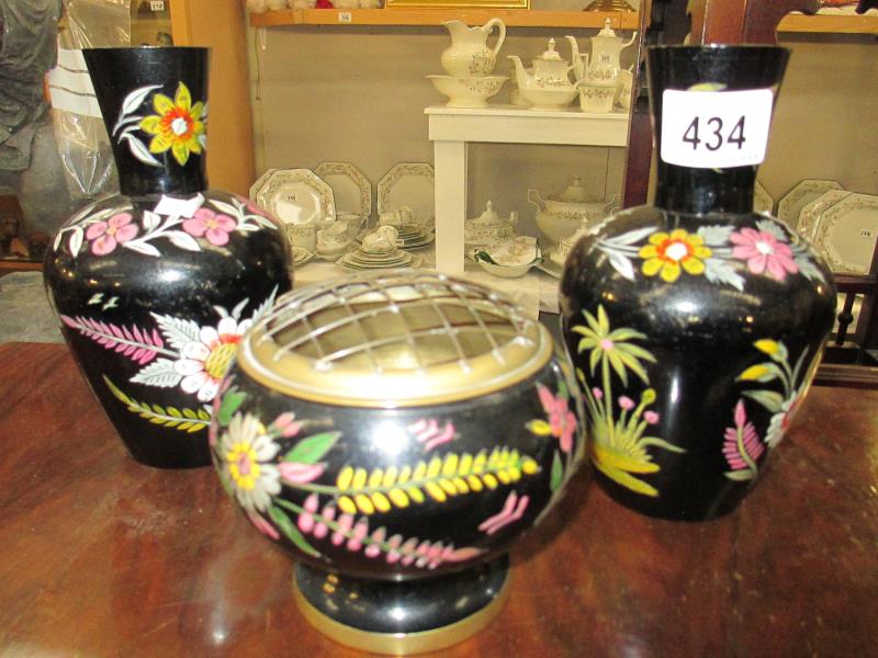 A pair of cloisonne vases and a cloisonne rose bowl