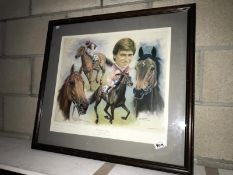 A limited edition horse racing print 93/580 Golden Boy signed by artist Peter Deighan.