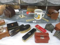 A collection of boxes, vanity items, vintage greengrocer labels etc.