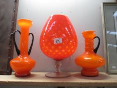 3 pieces of retro orange art glass vases