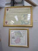 A framed and glazed Owain Glyn Dwr history and heraldry print and a Flintshire and Montgomery map