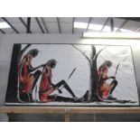 A large oil painting on canvas of Maasai warriors 150cm x 75cm