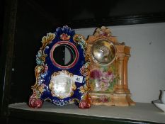 2 old Staffordshire mantle clocks (1 missing movement)