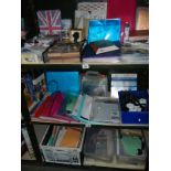 3 shelves of craft work items including stamps paper etc.